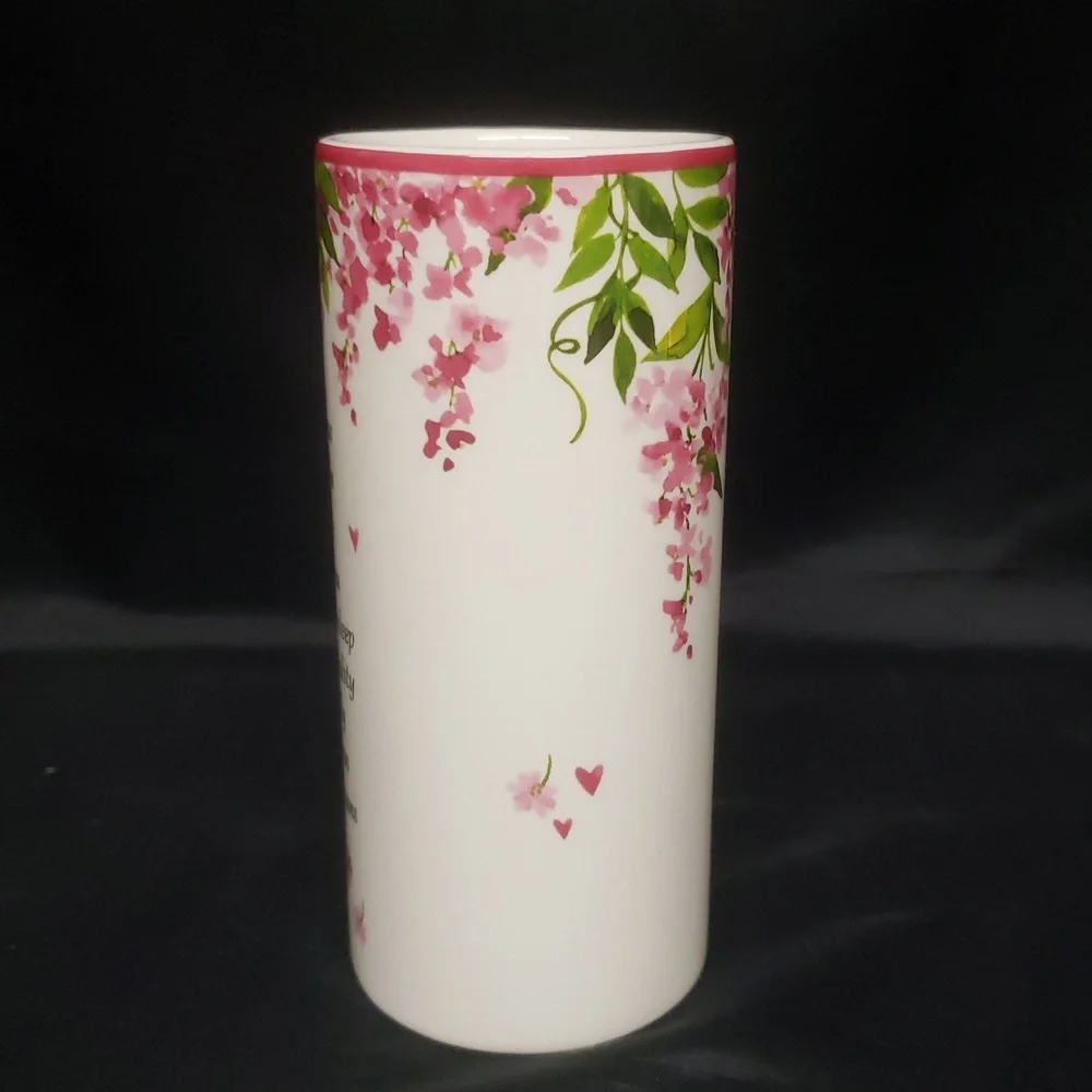Ganz NWT Floral Ceramic Vase with Arranger and Love Quote, Pink & Ivory